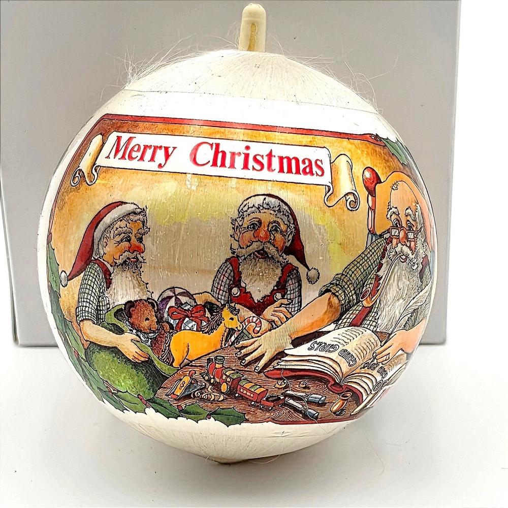 Vintage 1983 Santa Claus Elves Workshop Satin Ball Christmas Ornament Retro